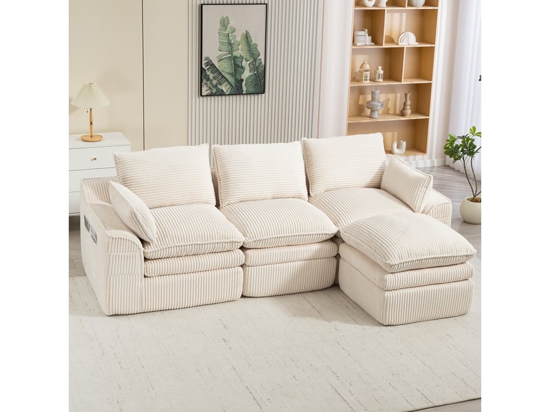  Canapé modulaire 3 places avec pouf convertible velours côtelé beige 263 x 167 x 85 cm poches latérales  - Conforama E