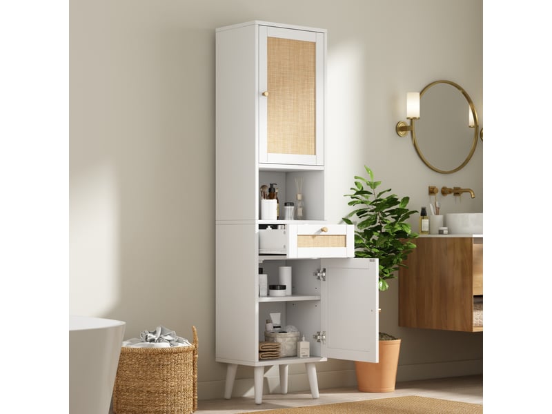  Meuble de salle de bain - 40x30x166cm - meuble haut en cannage rotin avec 2 portes réversibles, tiroir &amp; niches - blanc  - Conforama D