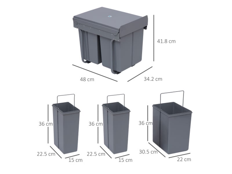  Poubelle encastrable 40 l, 3 bacs amovibles, 20+10+10 l, pour meuble dès 40 cm, gris  - Conforama C