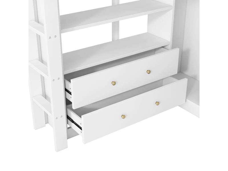  Lit mezzanine 140x200 cm, bureau sous lit, led usb, lit adoenfant, armoire, 2 tiroirs, étagères, mdf et bois massif, blanc Seren Glow - Conforama E