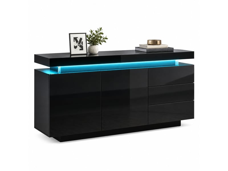 Buffet 140x35x72,5 cm avec led rgb, 2 portes, 3 tiroirs, commande app, haute brillance, noir - Conforama A