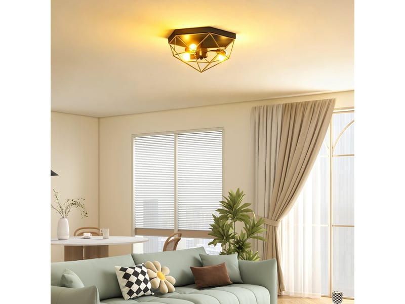  Plafonnier géométrique de style industriel avec 3 douilles e27 pour ampoules led, noir et or  - Conforama A