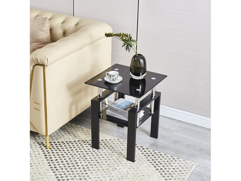  Table d'appoint 45x45x52 cm design géométrique en verre trempé et métal noir  - Conforama C