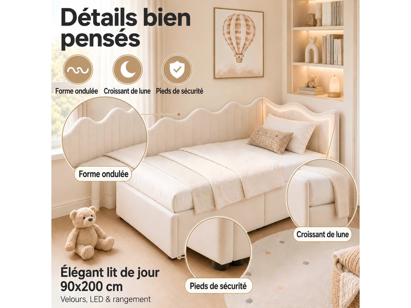  Lit simple canapé-lit banquette coffre 90x200 led velours teddy blanc kefsr avec sommier à lattes et vérins - lit d'appoint moderne  - Conforama E