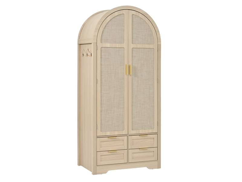  Armoire 80x50x180 cm avec 2 portes incurvées et 4 tiroirs en mdf couleur chêne clair, panneaux de portes en rotin  - Conforama A