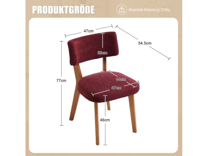  Lot de 2 chaises salle à manger 54x47x77 cm, assise douillette, pieds en bois, tissu lin bordeaux rouge, repas et cuisine  - Conforama C