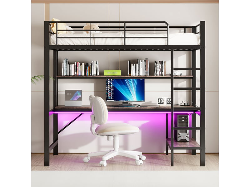  Lit mezzanine noir 90x200 cm avec bureau, led, usb, prise et étagères  - Conforama B
