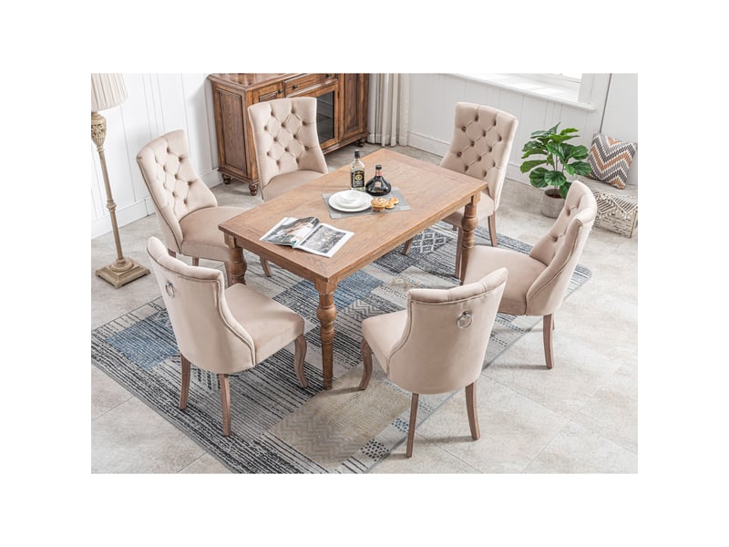  Chaises velours beige – lot de 6, dossier haut capitonné, pieds bois massif, style élégant  - Conforama B