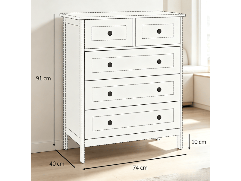  Commode 74x40x91 cm, 5 tiroirs, en mdf, blanc, poignées rondes noires, pieds de 10 cm  - Conforama C