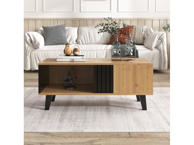  Table basse 100x60x45 cm avec tiroirs panneau de particules noir et bois  - Conforama C