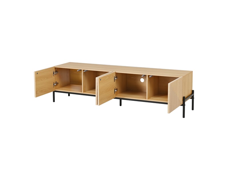  Meuble tv bois naturel 163 cm 4 portes, meuble tv moderne salon avec texture 3d et pieds en métal  - Conforama R