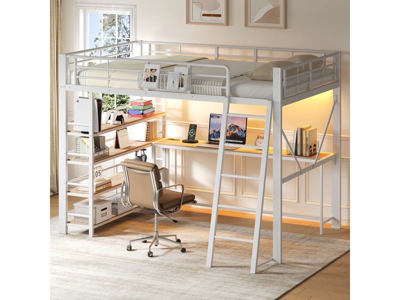  Lit mezzanine 140x200 cm blanc, avec bureau, rangements, panier, étagères, led, usb, structure métal, sommier inclus, sans matelas  - Conforama W