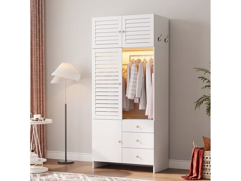Armoire à vêtements 90 x 50 x 200 cm – blanche – éclairage led, panier à linge amovible, 3 tiroirs - Conforama B