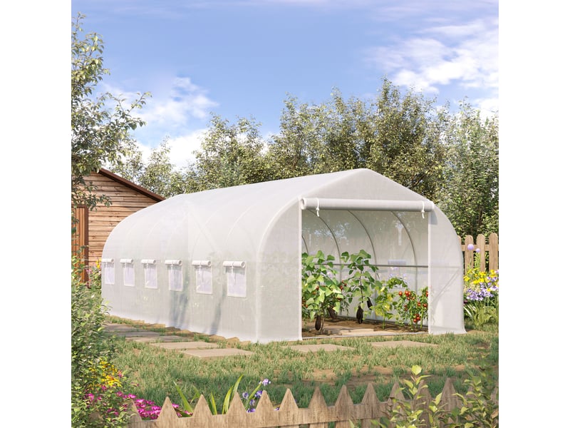  Serre tunnel extérieur 6x3x2 m, 12 fenêtres, porte enroulable zip métallique, plantes, blanche.  - Conforama B