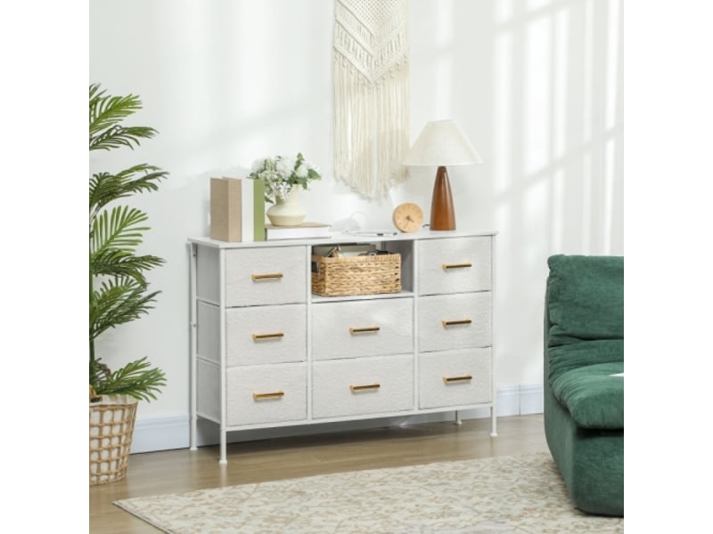  Commode crème 8 tiroirs en tissu avec cadre acier et multiprise, pour entrée, chambre et bureau  - Conforama B