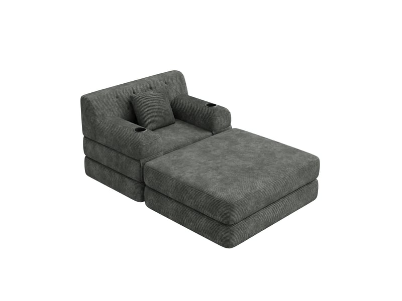 Fauteuil-lit 1 place avec pouf, velours côtelé gris foncé, dossier haut inclinable, cadre métal, mousse haute densité, rangement et porte-gobelets - Conforama D