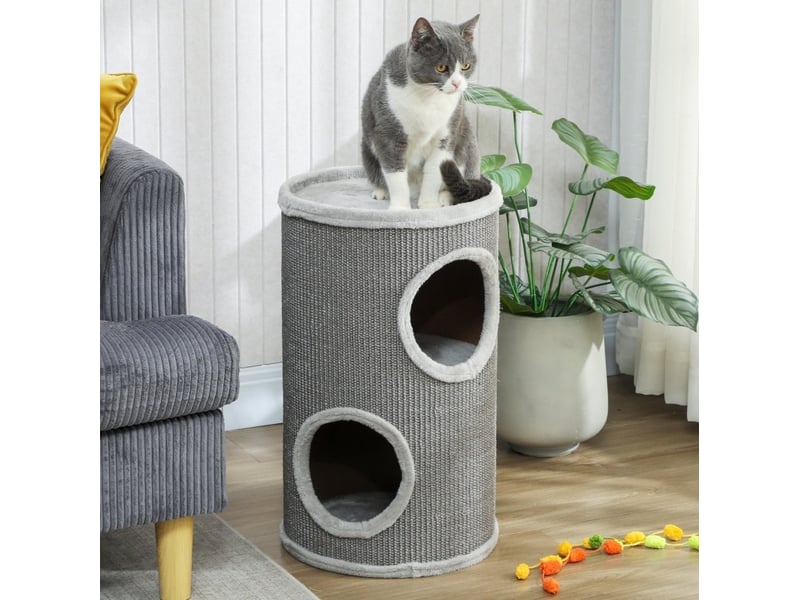  Tour à griffer à 2 niveaux ø35 x h60 cm – gris clair – 2 niches et surface en sisal – sans montage  - Conforama B