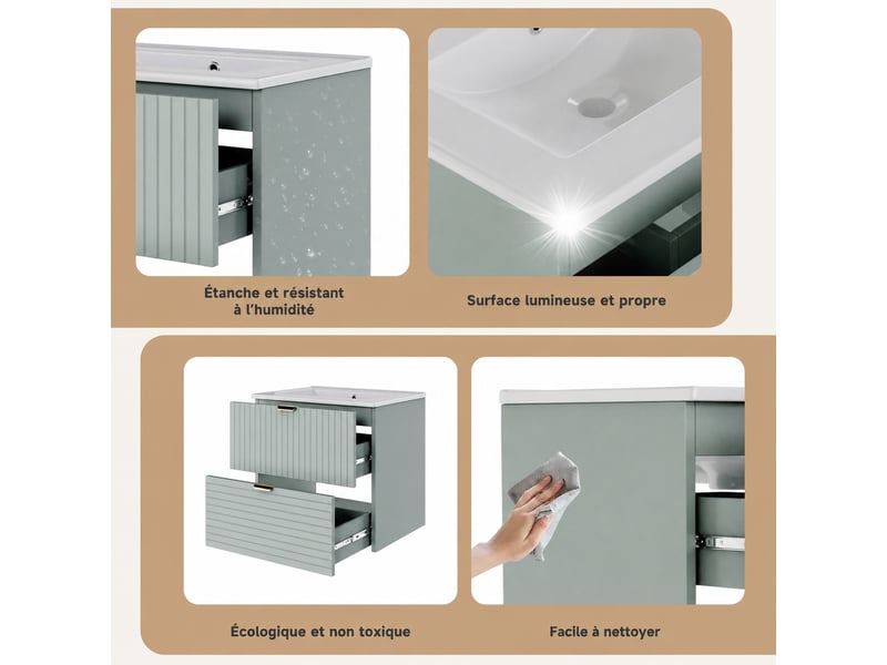  Meuble vasque suspendu vert menthe 61 cm avec 2 tiroirs et lavabo intégré  - Conforama E