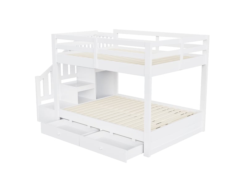 Lit superposé enfant 140x200 cm blanc bois, escalier de rangement, 2 tiroirs et sommiers à lattes inclus - Conforama D