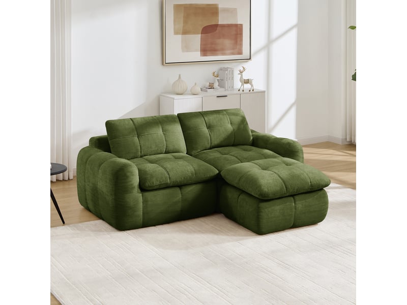  Canapé d’angle modulable 2 places 194x160x68 cm avec pouf en chenille vert  - Conforama D