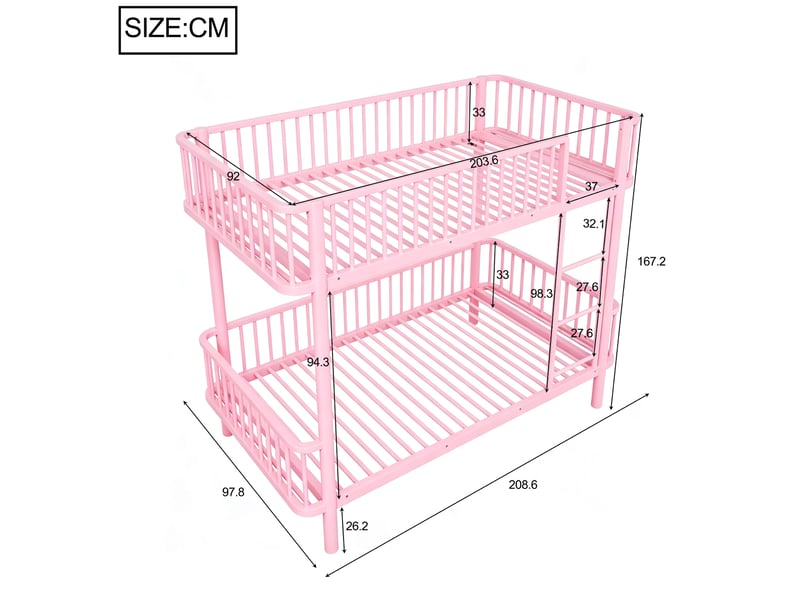  Lit superposé modenvie 90 x 200 cm en métal rose avec barrières de sécurité  - Conforama C