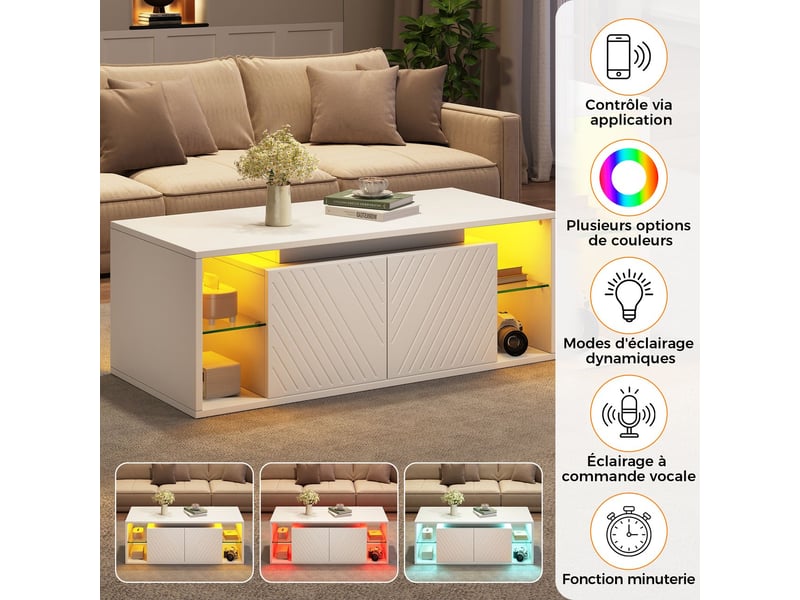  Table basse avec rangement 100 x 50 x 41 cm éclairage led table de salon rangement semi-ouvert 2 portes panneau aggloméré finition blanche charge maximale 30 kg  - Conforama D