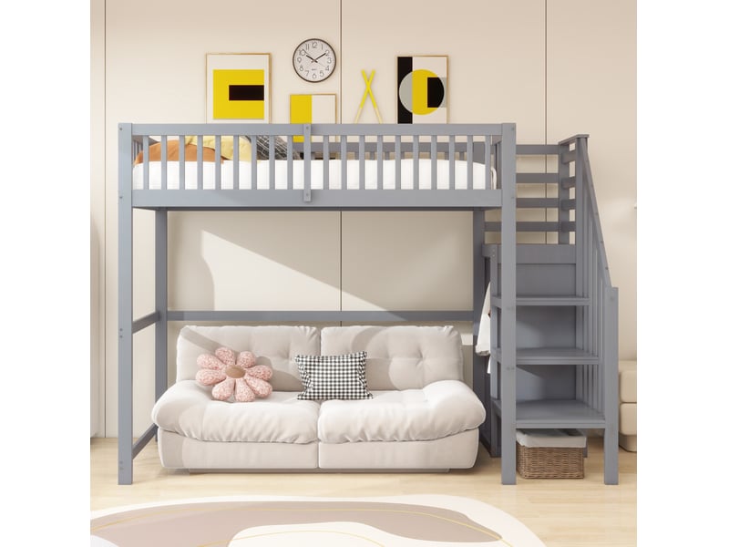 Lit mezzanine enfant 90x200 cm avec échelle, armoire et espace sous le lit gris - Conforama E