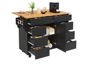 Îlot de cuisine mobile 122 x 46-74.5 x 91.5 cm avec plateau rabattable, 8 tiroirs, étagère réglable et roulettes, noir