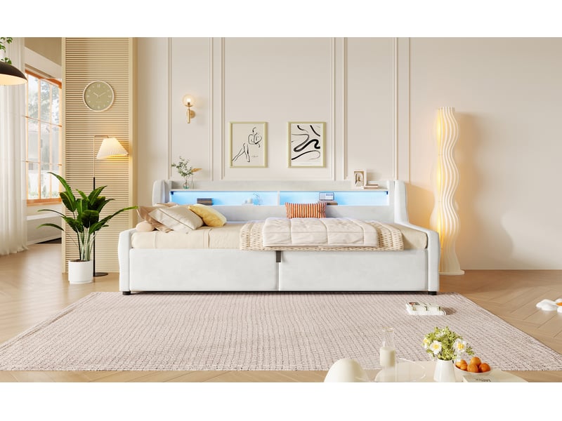  Lit coffre simple 90×200 cm avec led réglable et rangement - okmyhome- en flanelle, blanc cassé, sans matelas  - Conforama E