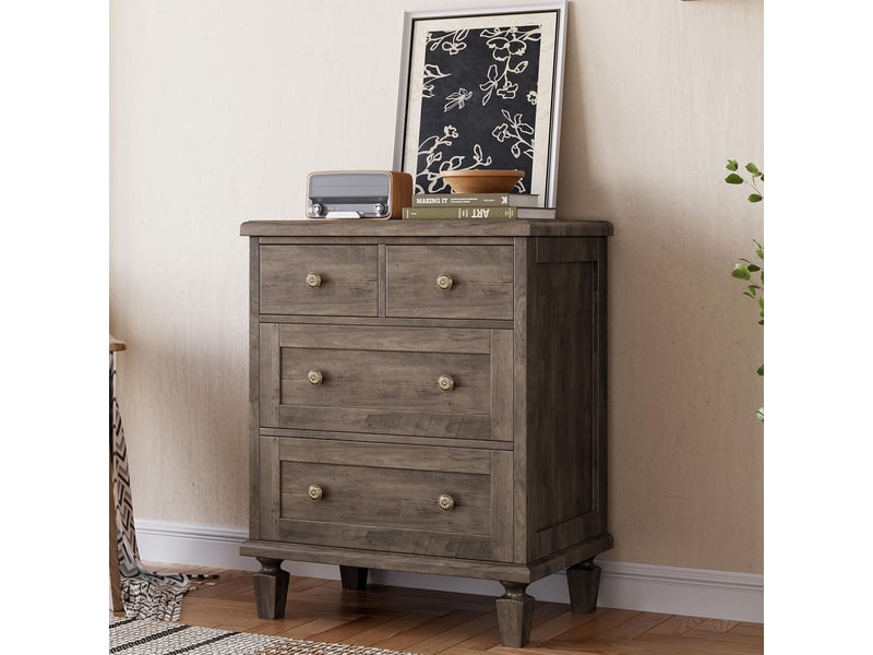  Commode vintage 4 tiroirs en bois massif – pieds fuselés – finition bois vieilli – idéale chambre, salon, entrée – gris vieilli PHK_366HEE6E - Conforama B