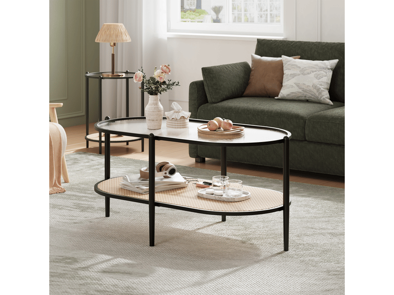  Table basse ovale en rotin - plateau en verre trempé ondulé - 2 niveaux avec étagère - cadre métal renforcé - 95 x 50 x 46 cm ,noir PHK_346K4GDV - Conforama B