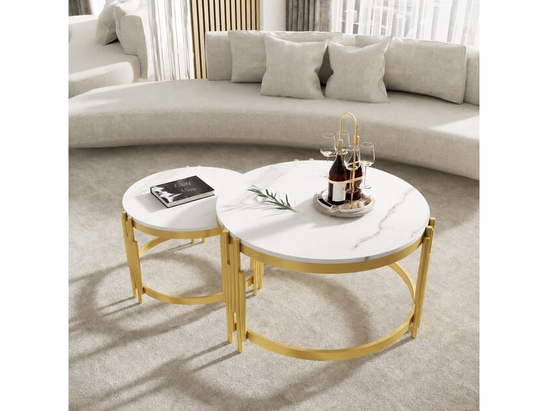  Ensemble de 2 tables basses rondes gigognes effet marbre blanc et métal doré, ø 71,5 et 51,5 cm  - Conforama E
