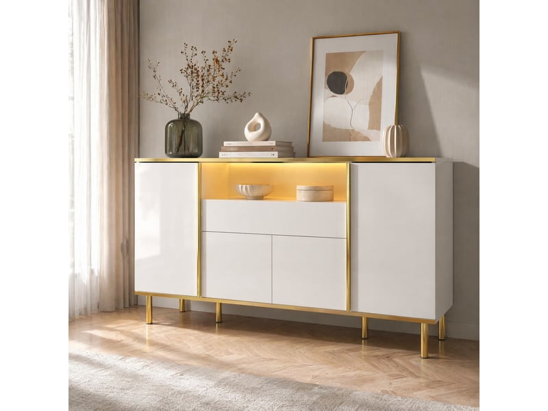 Buffet avec 4 portes, 1 tiroir et led pour salon en mdf et panneaux de particules 150×40×80 cm blanc brillant - Conforama B