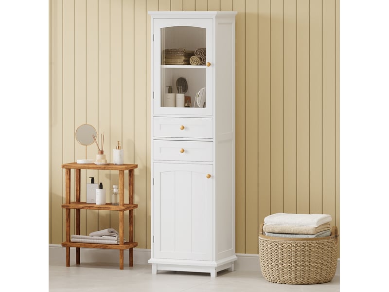  Armoire de salle de bains 45x36x160 cm blanche avec porte vitrée et 2 tiroirs  - Conforama E