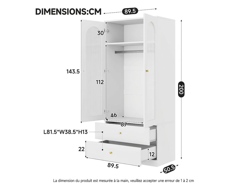 Armoire penderie grise 90x50x200 cm à portes battantes avec porte-pantalons extensible et 4 compartiments - Conforama W