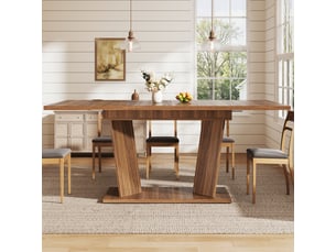 Table à manger extensible, effet bois massif, piètement stable avec pieds réglables antidérapants, brun foncé