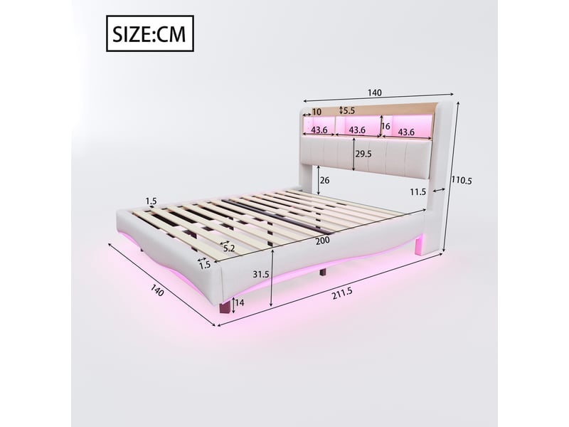 Lit double rembourré 140 x 200 cm effet flottant avec led, usbusb-c et rangement de tête de lit, tissu effet lin beige Fay Lum - Conforama C