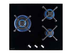 Beldeko plaque de cuisson gaz 3 foyers 60 cm verre noir - grilles fonte - marque française