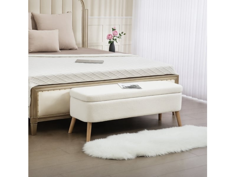  Banc de rangement 120 x 42 x 45 cm blanc crème, bois et tissu polaire, coffre de 65 l rembourré  - Conforama E