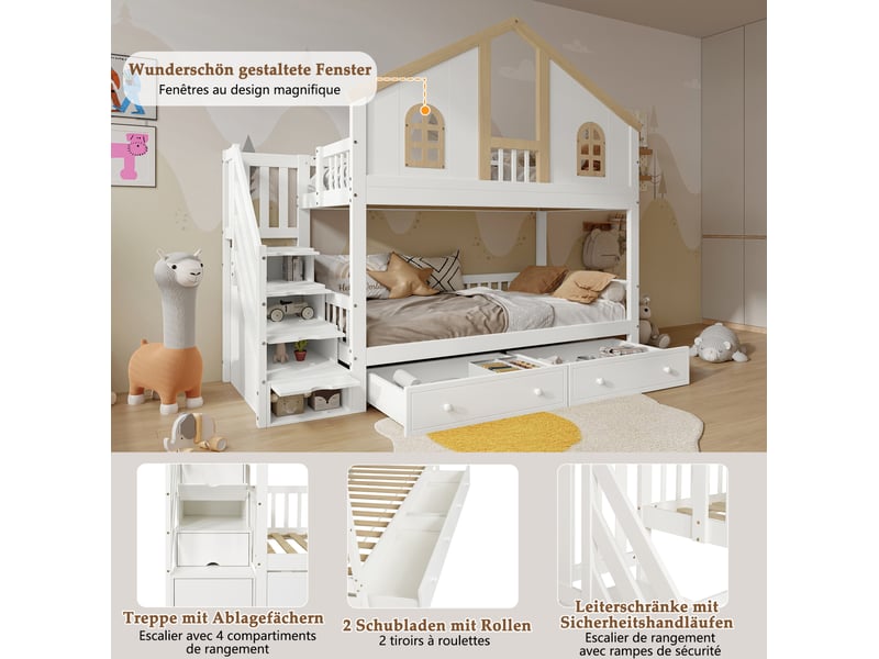  Lit superposé enfant 90x200 cm – blanc et naturel – escalier de rangement et tiroirs – sans matelas  - Conforama E