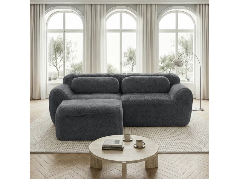  Canapé d’angle modulable 2 places gris en peluche – 204 x 179 x 73 cm  - Conforama C
