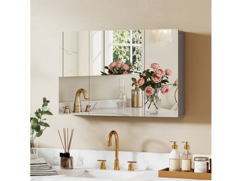  Armoire de toilette murale 90x15x60 cm, 3 portes miroir, mdf, gris  - Conforama B