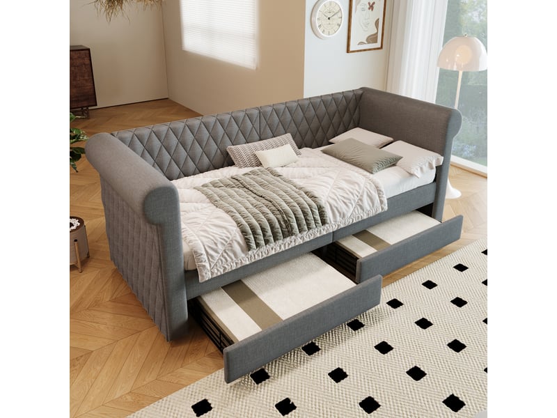  Lit avec rangement 90 x 200 cm à tiroirs en tissu lin gris  - Conforama B