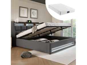 Lit coffre 2 places 160 × 200 cm avec usb, led réglable et rangement, matelas inclus, en tissu gris