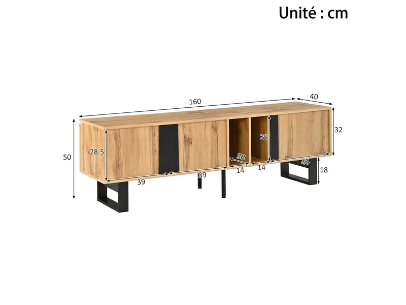  Meuble tv 160 cm bois naturel 3 portes pieds métal noir  - Conforama D
