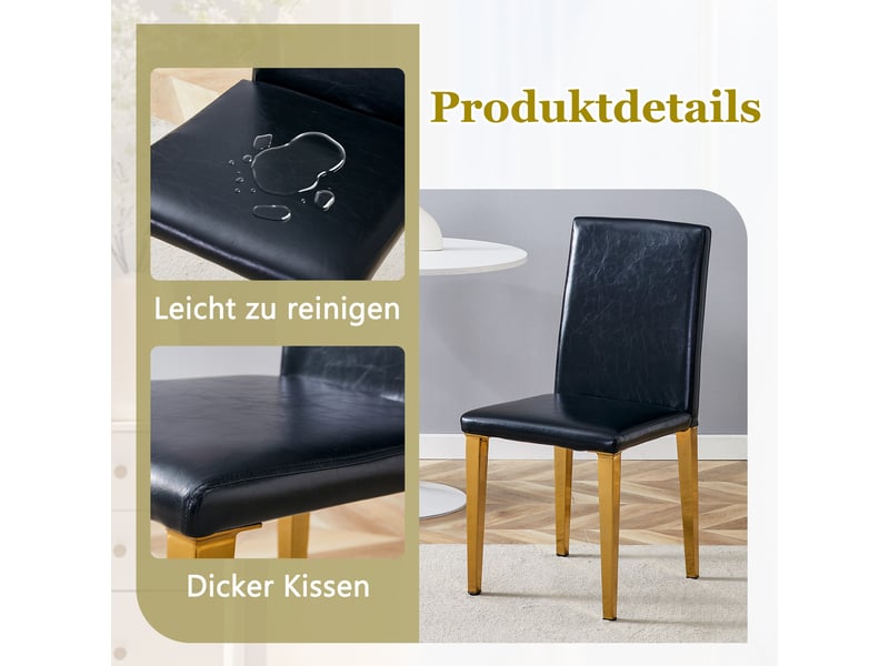 Lot de 6 chaises de salle à manger design, simili cuir noir et pieds métal dorés brillants, style luxe léger européen pour salle à manger et salon - Conforama E