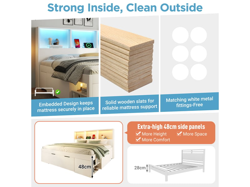 Lit coffre 90x200 cm avec led - charge usb type-c - table de chevet escamotable - tiroirs et étagères - rangement intégré - panneaux de bois - blanc CozyNest - Conforama C
