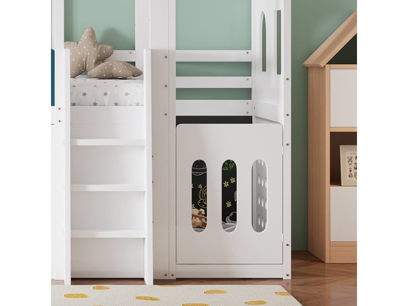 Lit mezzanine enfant 90×200 cm avec espace de jeu, armoire de rangement et échelle, bois blanc sans matelas - Conforama D