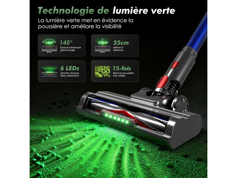  Aspirateur balai auto-portant puissant sans fil42kpa, 60 min d'autonomie, 2 vitesses, 6 en 1, capacité 1,6l, lumière verte  - Conforama D