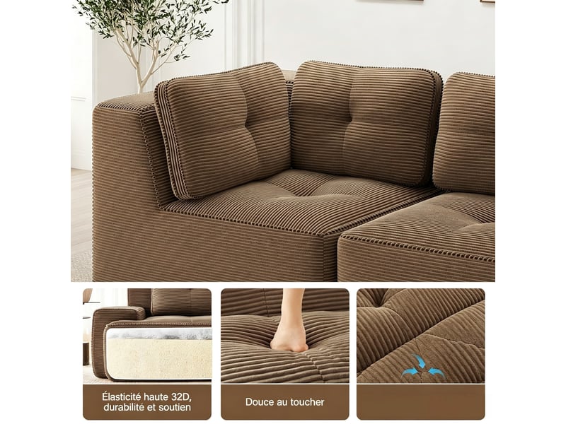  Canapé modulable 4 places sans armature, coussins moelleux et assise profonde antidérapante, 69 × 386 × 177 cm, marron  - Conforama E